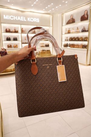 Michael Kor_s Marylin Signature Monogram Tote Bag With Dust Bag (Brown)