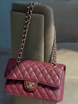 Chane.l Classic Flap Wine Red Medium Lambskin With OG Box & Dust Bag 1818 Wine Red Gold
