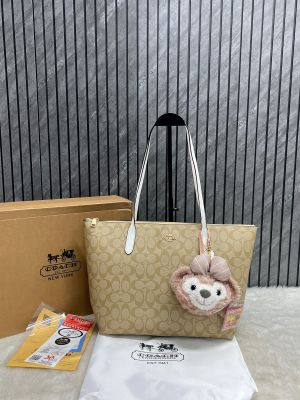 Coachh Fiona White Apricot Tote Bag With Original Box Teddy Charm Dustcover Tags And Card