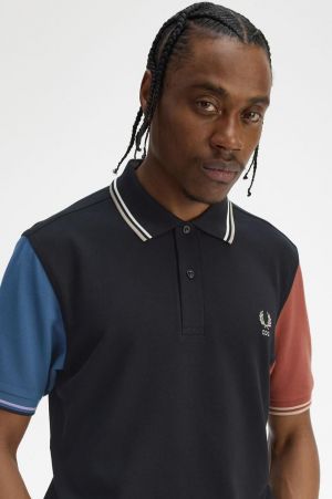 Fred Perr y Black Premium Cotton Pique fabric Polo Tshirt with Shoulder Design and Embroidered Logo 4234