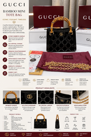 GUCC.I BLACK BAMBOO MINI TOTE BAG GG CRYSTAL NATURAL BAMBBOO HANDLE PREMIUM DOUBLE BOX PACKING