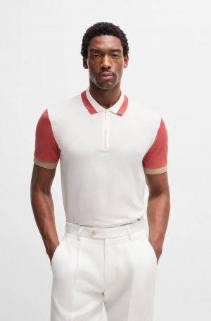 Hugo Bos s White Premium Imported 240 GSM Interlock Lycra Fabric Polo Tshirt with Collar Design and Zip Style 3967