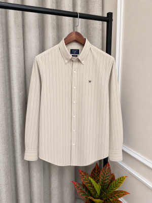 Hacket_t London Beige Linen Strip Chest Embroidery Logo Premium Oxford Shirt(1160)