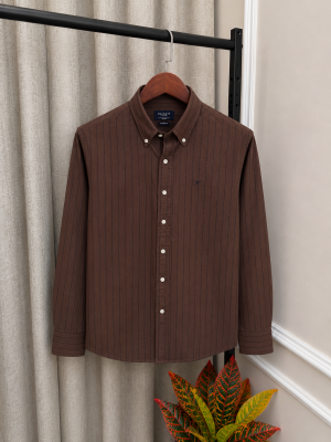 Hacket_t London Brown Linen Strip Chest Embroidery Logo Premium Oxford Shirt(1162)