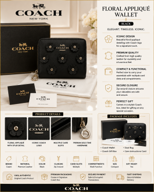 COAC.H SNAP BLACK WALLET FLORAL APPLIQUE LEATHER PREMIUM WITH BOX