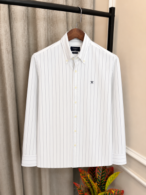 Hacket_t London White Linen Strip Chest Embroidery Logo Premium Oxford Shirt(1183)