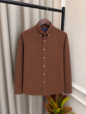 Hacket_t London Brown Linen Strip Chest Embroidery Logo Premium Oxford Shirt(1184)