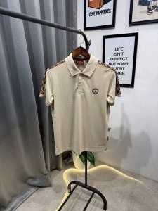 Gucc i imported polo tshirt with brand shoulder strip and embroidery logo beige