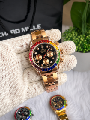 Role X Rainbow Rose Gold Black Dial AT235
