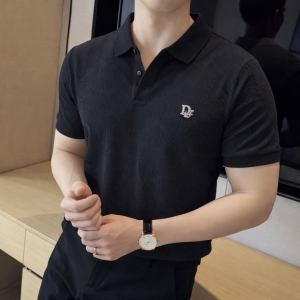 Christian Dio_r Chest Logo Full Monogram Polo T-shirt  Black
