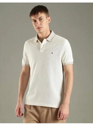 Tommy Hilfige r Cream Premium Cotton Lycra Pique fabric Polo Tshirt with Collar Design and Embroidered Logo 4374