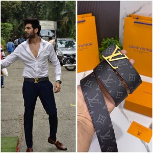 Loui_s vuitton lv-003 golden buccal brown monogram belt with og box card dust bag and carry bag 