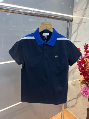Lacost e Navy Premium Cotton Pique fabric Polo Tshirt with Shoulder Design and Embroidered Logo 4194
