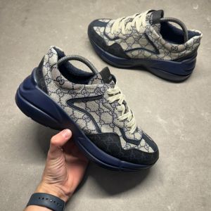 Guccci Rhyton monogrammed GG Supreme canvas chunky navy blue sneakers