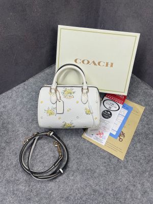 Coachh Rowan Satchel Signature Coated Canvas Vibrant White Floral Dandelion Print Leather With OG Box & Dust Cover White 