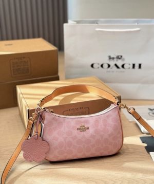 Coachh_ Teri Shoulder Bag in GoldPowder Pink featuring signature coated canvas with smooth leather trim Bag with box premium quality