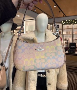Coachh_ Teri Shoulder Bag in Signature Canvas with a pastel rainbow motif and light brown leather trim Bag with box premium quality