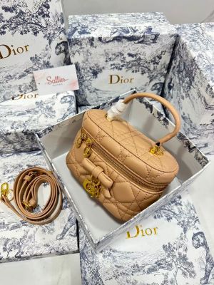 Diorr_ Mini Vanity case crafted from khaki lambskin with distinctive Cannage stitching and featuring a signature D.I.O.R. charm Bag with box premium quality
