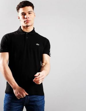Lacost Black Premium Cotton Lycra Pique fabric Polo Tshirt with Shoulder Design and Embroidery Logo 4366