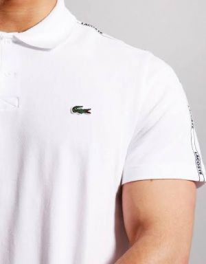 Lacost White Premium Cotton Lycra Pique fabric Polo Tshirt with Shoulder Design and Embroidery Logo 4367
