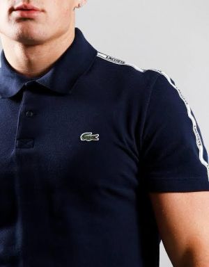 Lacost Navy Premium Cotton Lycra Pique fabric Polo Tshirt with Shoulder Design and Embroidery Logo 4368
