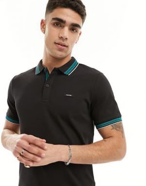 Calvin Klei Black Premium Cotton Lycra Pique fabric Polo Tshirt with Collar Design and Patch Logo 4393