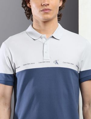 Calvin Klei WhiteBlue Premium Cotton Lycra Pique fabric Polo Tshirt with Front Design and Emboss Logo 4398