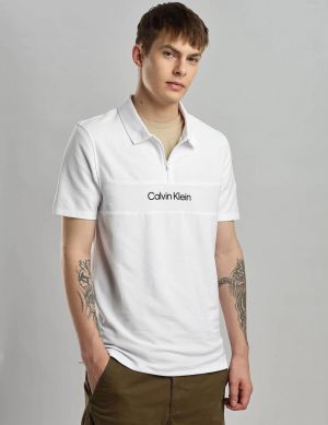 Calvin Klei White Premium Cotton Lycra Pique fabric Polo Tshirt with Front Design and Emboss Logo Zip Style 4394