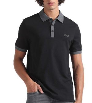 Calvin Klei Black Premium Cotton Lycra Pique fabric Polo Tshirt with Front Design and Embroidered Logo 4397