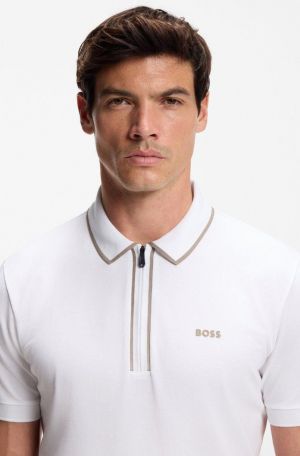 Boss White Premium Imported Compact Yarn 240 GSM Interlock Fabric Polo Tshirt with Collar design with patch logo and zip style 4326