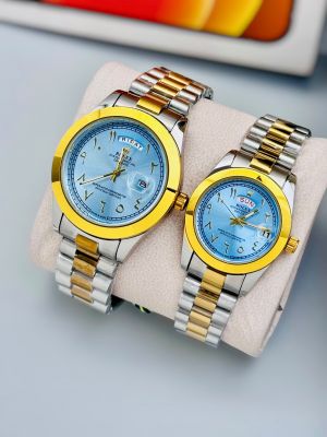 Roleex Couple Arabic Sky Blue Two Tone Day Date