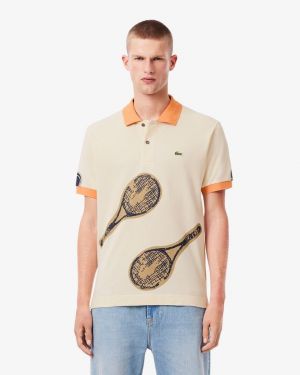 Lacost Cream Premium Cotton Lycra Pique fabric Polo Tshirt with Front Design and Embroidered Logo 4407