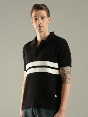 Black Premium Imported 240 GSM Interlock Lycra Fabric Polo Tshirt with Front Design and Emboss Logo 4086