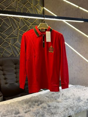 sale Gucc Red Embroidery Logo Full Sleeve Premium Polo T Shirt (1884)