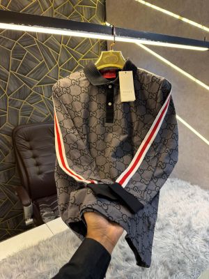 sale Gucc Grey Monogram print Full Sleeve Premium Polo T Shirt (1886)