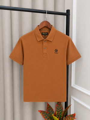 Loro Piana Rust Brown Premium Imported Store Article Polo T-Shirt with Brand Metal Button & Embroidery Logo(1324)