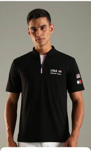 Tommy Hilfige Black Premium Cotton Lycra Pique fabric Polo Tshirt with Shoulder Design and Patch logo with zip style 4373