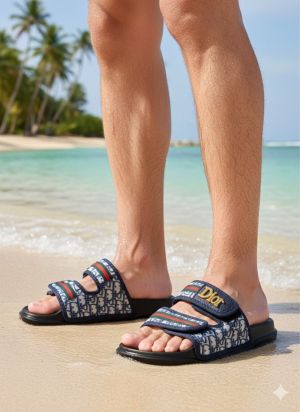 slide blue red oblique embroidered cotton
