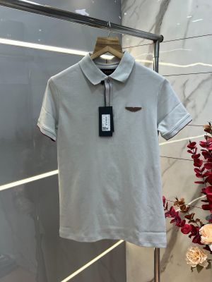 Boss Grey Imported 240 GSM Interlock Lycra Fabric Polo Tshirt with Plain Design and Patch Aston Martin Logo 4334