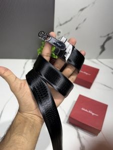 Salvator faragamo sf-408 shining black buccal crocodile reversible belt with og box 