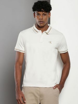 Calvin Klei Cream Premium Cotton Lycra Pique fabric Polo Tshirt with Collar Design and Embroidered Logo 4396