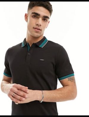 Calvin Klei Black Premium Cotton Lycra Pique fabric Polo Tshirt with Collar Design and Patch Logo 4393