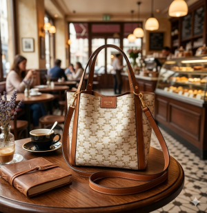 Celinee_ Small Cube Bag in Triomphe Canvas and natural calfskin Bag with Dust Cover premium quality
