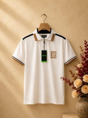Boss Navy White Cotton Lycra Pique fabric Polo Tshirt with Collar&Shoulder Design and embroidery logo 4312