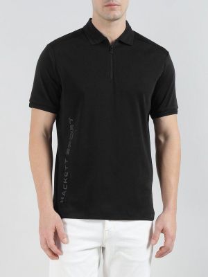Hacket Black Premium Polo Tshirt With 240 gsm interlock cotton lycra fabric and Front&Back Design & Zip Style 4305