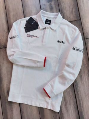 Boss x Porsch White Premium Cotton Lycra Pique fabric Polo Tshirt with Front & Back Logo 4454