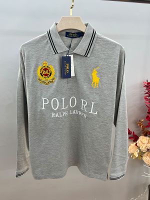 Ralp Lauren Grey Premium Imported Cotton Matty Fabric Polo Full Sleeves Tshirt with Front Design and Embroidered logo 4443