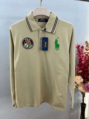 Ralp Lauren Beige Premium Imported Cotton Matty Fabric Polo Full Sleeves Tshirt with Front Design and Embroidered logo 4442
