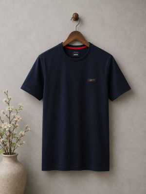 Boss x Porsch Navy Premium Imported 240 GSM Interlock Lycra Fabric Round neck Tshirt with Front Logo Print 4457