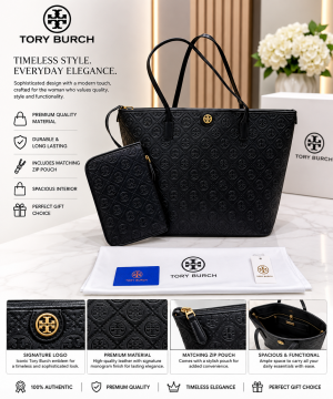TORRY BURCH BLACK MONOGRAM TOTE BAG WITH EXTRA POUCH WITH DUST BAG